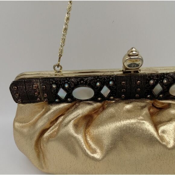 EUC VINTAGE FAYE MELLE Original Rhinestone Mother of Pearl Fluffy Gold Clutch - Picture 15 of 16